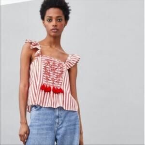 Zara TRF Collection Red And White Striped Tassel Top Size Small
